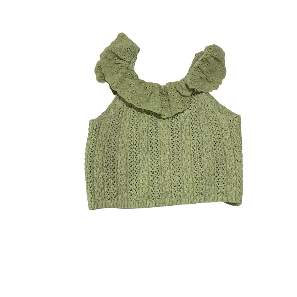 Zara 9-10 lime 100 cotton ruffled knit top crochet woven nwt